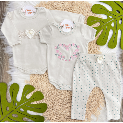 Conj. de Malha 3 peças - Ramos de Flores Coração - Gelo e Verde Menta